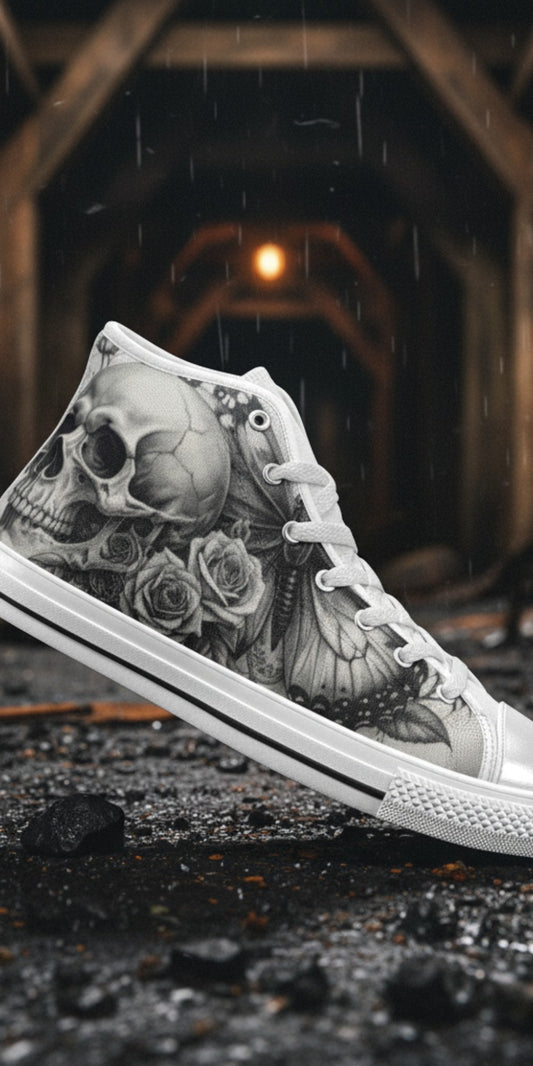 Freaky Shoes® monochrome high top canvas sneakers featuring detailed skull and rose gothic art on a dark rainy background
