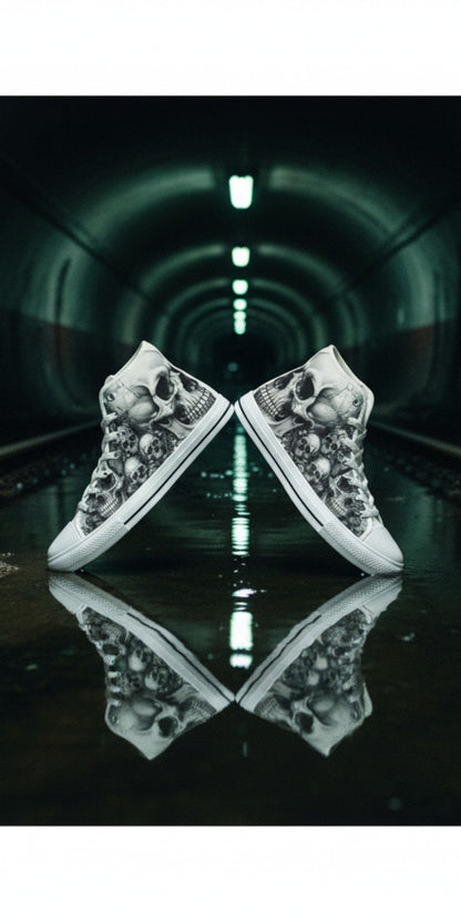 Men's Dark Art Monochrome Skull Gothic high-top canvas shoes, custom full-wrap printed design — Freaky Shoes