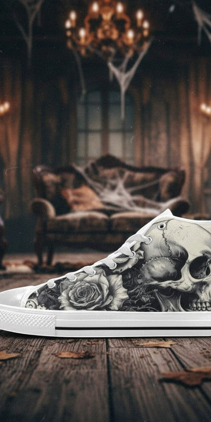 Women's Monochrome Dark Skull Gothic Art hand-made high-top canvas shoes — unique wearable art by Freaky Shoes