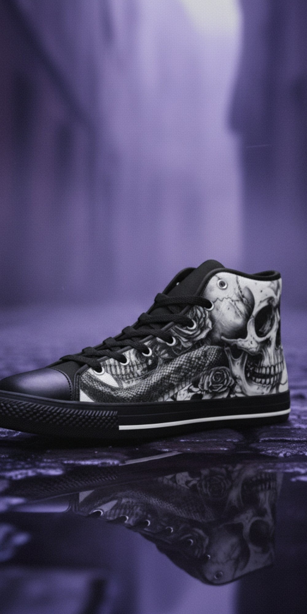 Women's Monochrome Skull Gothic Art hand-made high-top canvas shoes — unique wearable art by Freaky Shoes