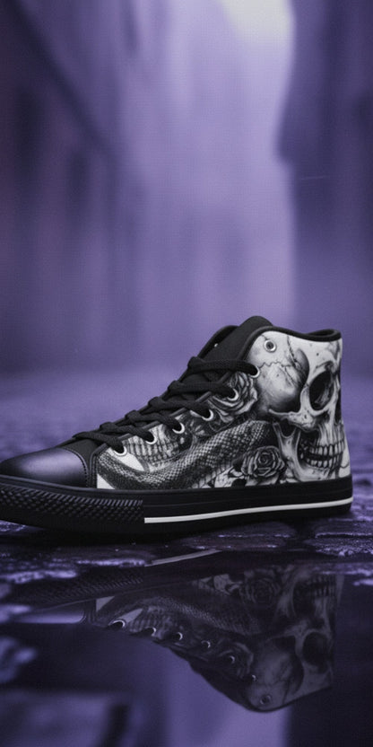 Women's Monochrome Skull Gothic Art hand-made high-top canvas shoes — unique wearable art by Freaky Shoes