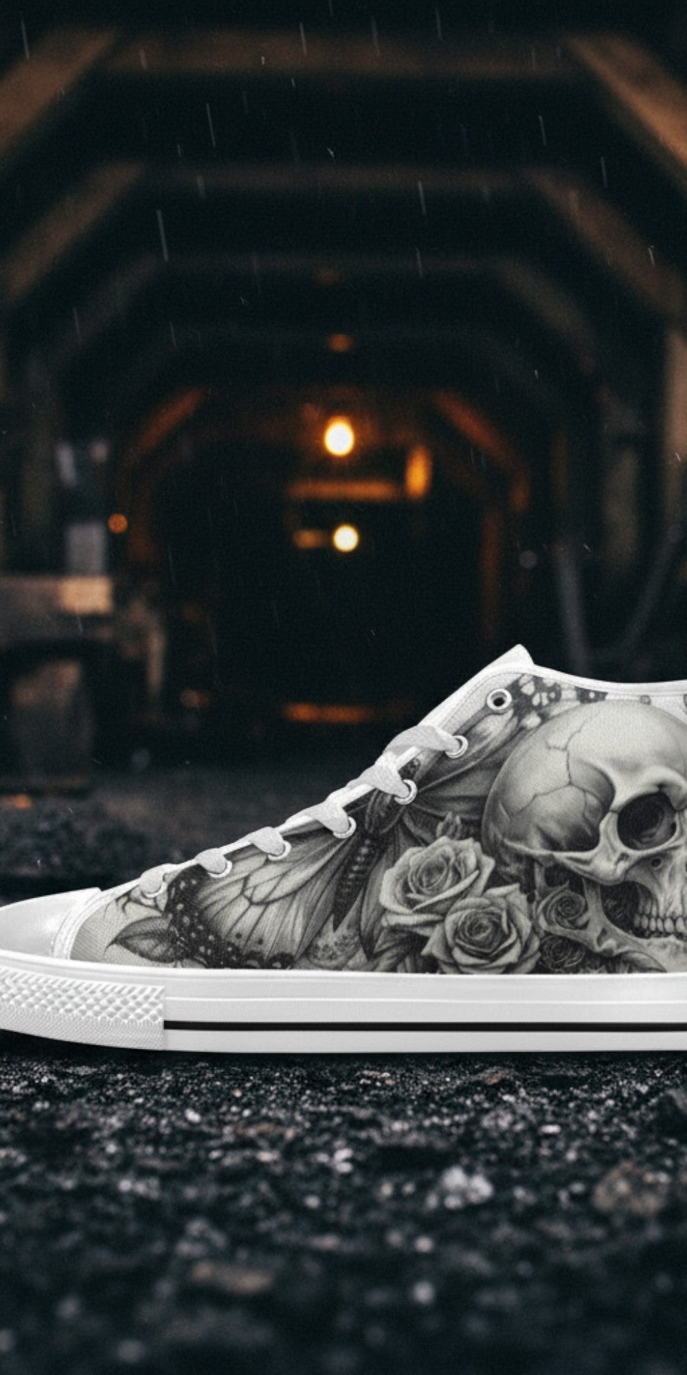 Custom Men's Monochrome Moon Skull Gothic Art high-top canvas shoes with bold all-over art — Freaky Shoes