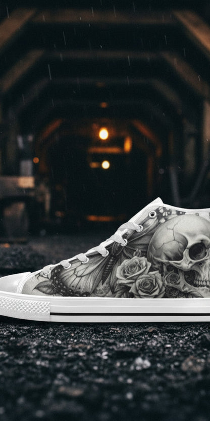 Custom Men's Monochrome Moon Skull Gothic Art high-top canvas shoes with bold all-over art — Freaky Shoes
