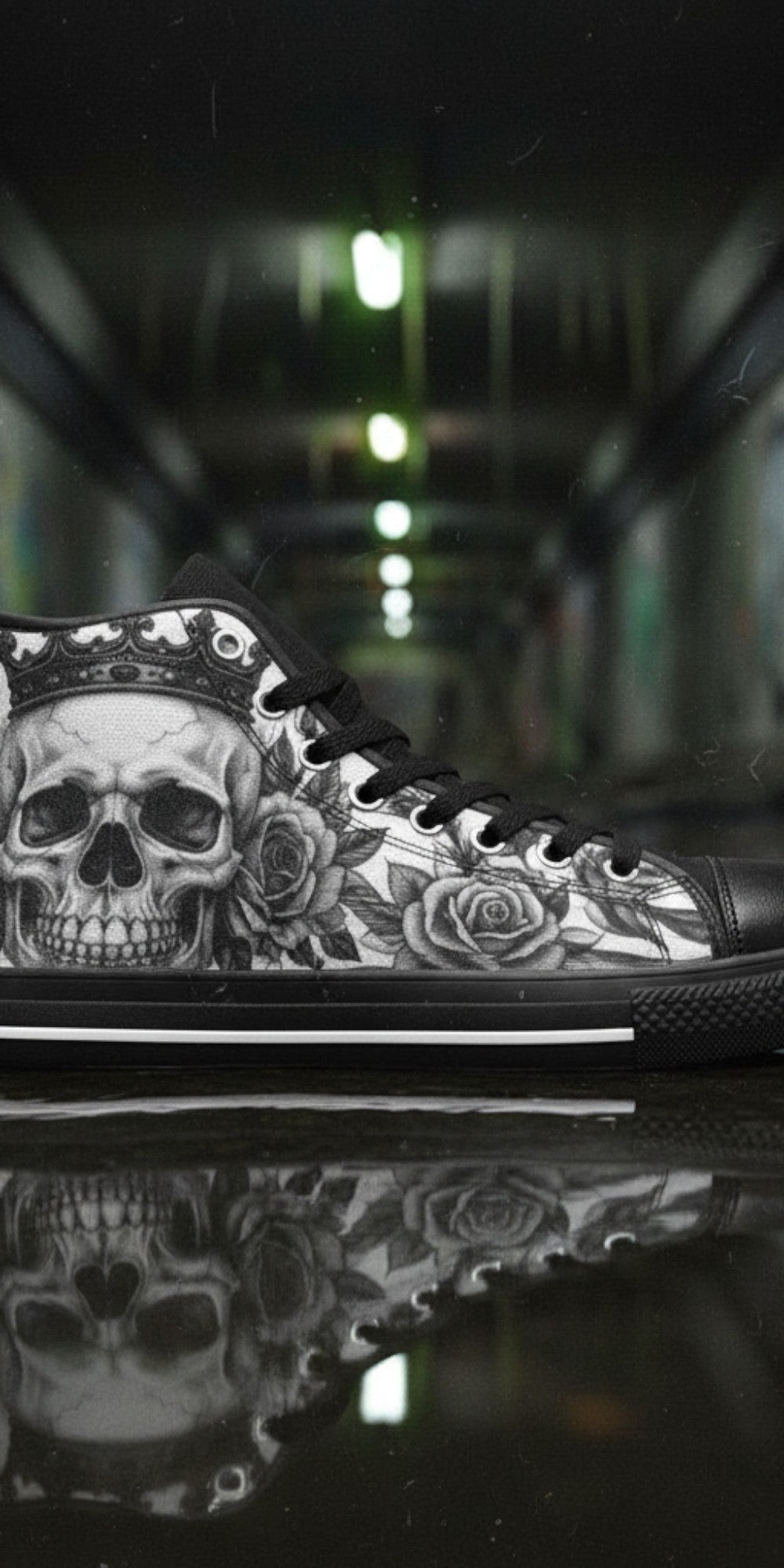 Women's Dark Monochrome Skull Gothic Art high-top canvas shoes, custom full-wrap printed design — Freaky Shoes