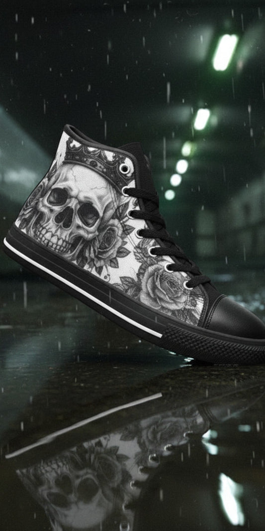 Freaky Shoes® monochrome high top canvas sneakers featuring a gothic skull and rose art print in a rainy tunnel.