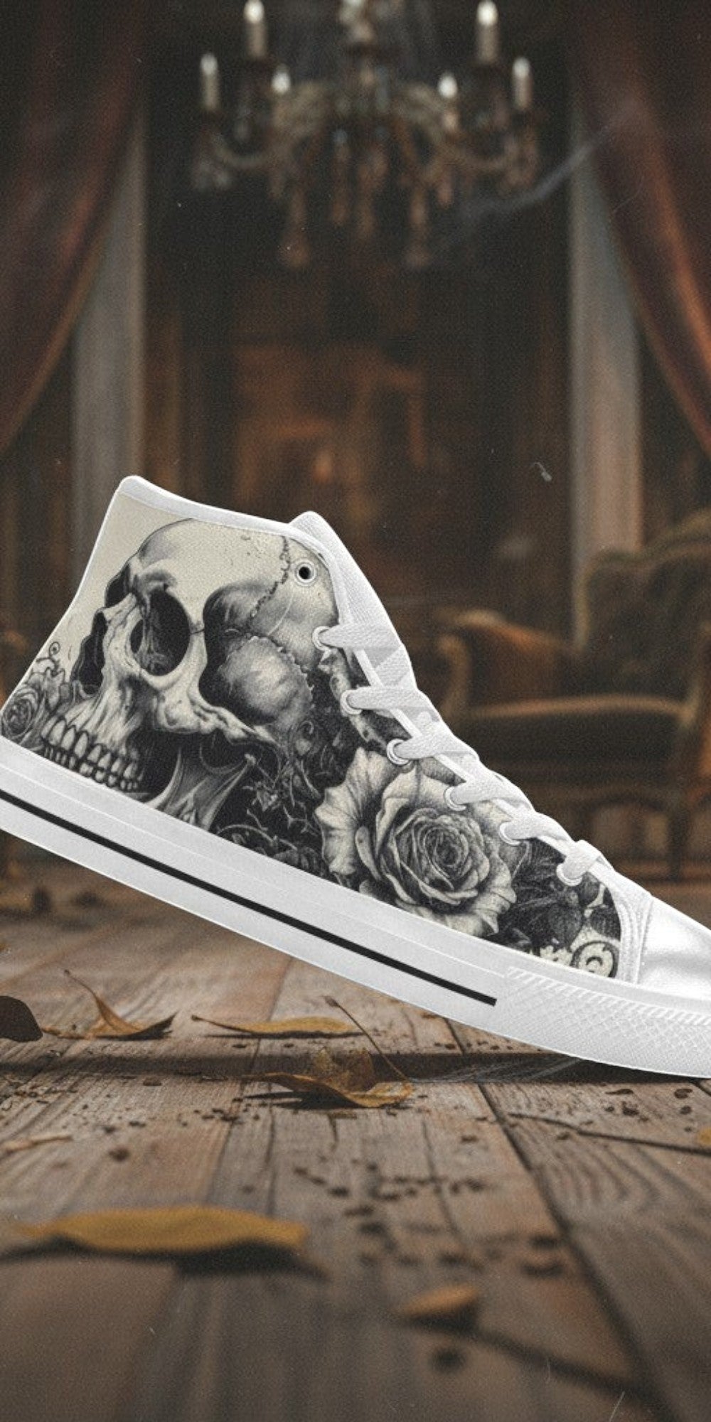 Custom Women's Monochrome Dark Skull Gothic Art high-top canvas shoes with bold all-over art — Freaky Shoes