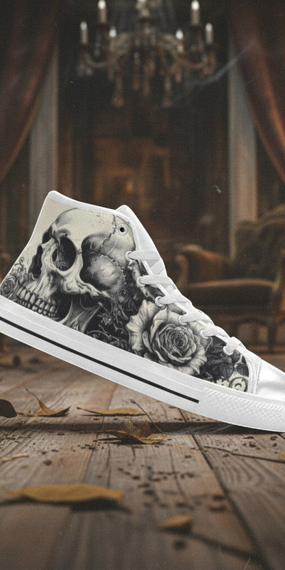 Custom Women's Monochrome Dark Skull Gothic Art high-top canvas shoes with bold all-over art — Freaky Shoes