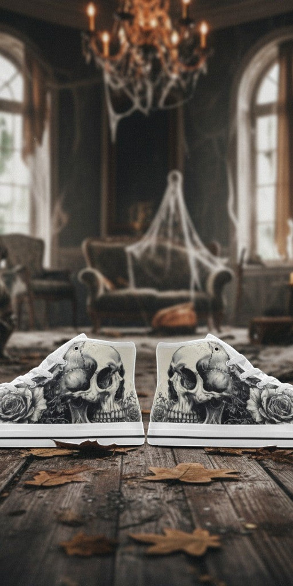 Women's Monochrome Dark Skull Gothic Art hand-made high-top canvas shoes — unique wearable art by Freaky Shoes