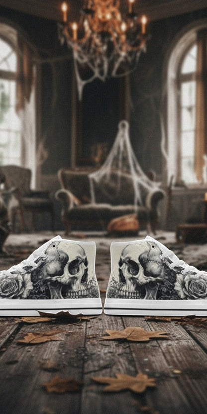 Women's Monochrome Dark Skull Gothic Art hand-made high-top canvas shoes — unique wearable art by Freaky Shoes