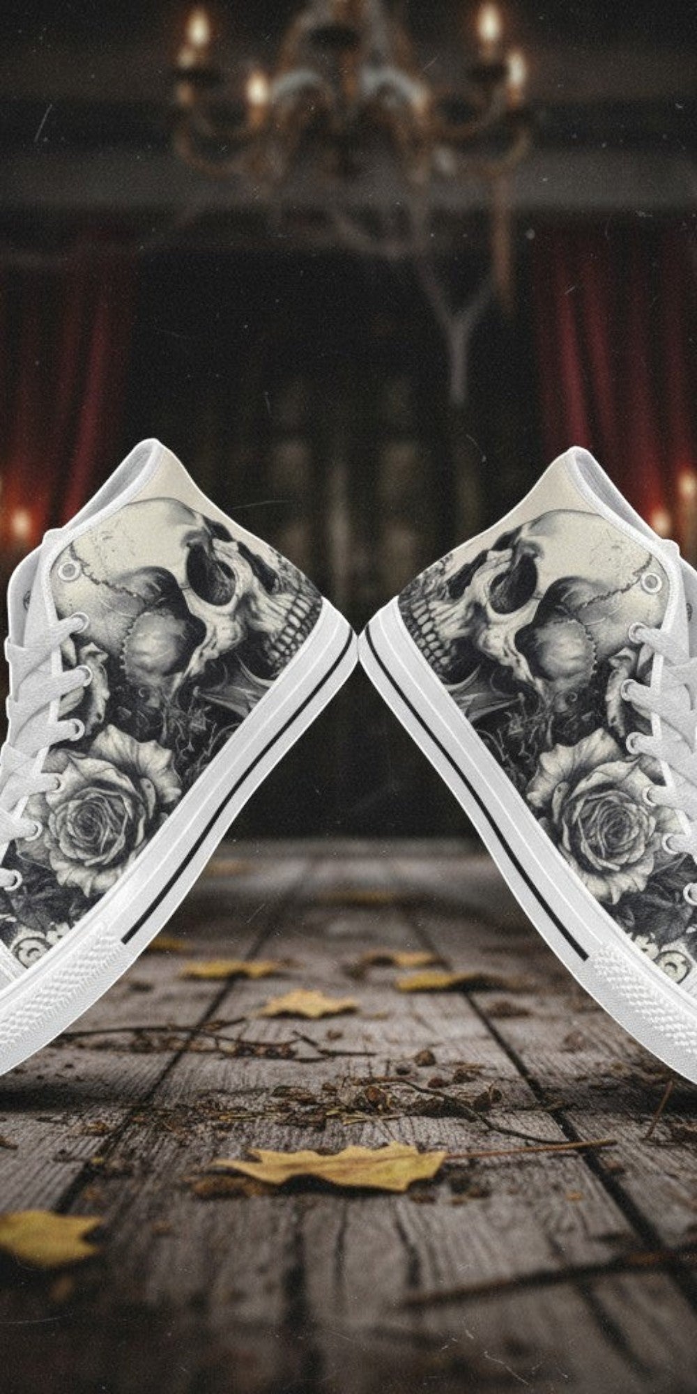 Women's Monochrome Dark Skull Gothic Art custom high-top canvas shoes — wearable art by Freaky Shoes