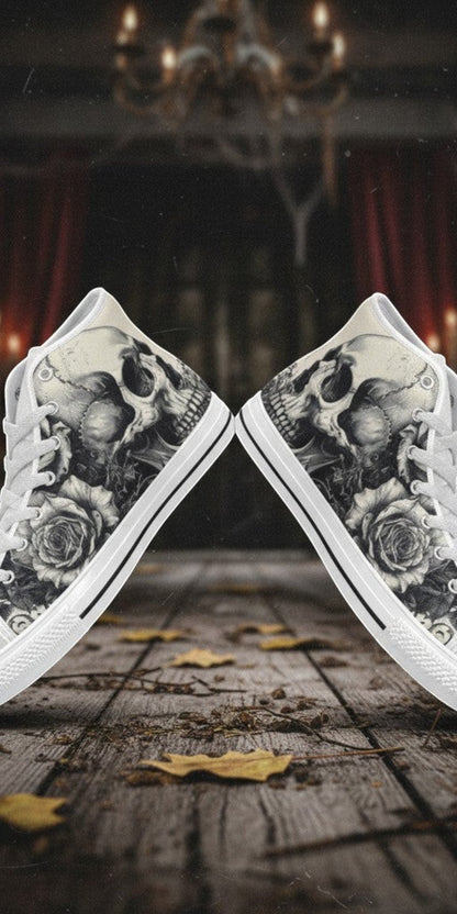 Women's Monochrome Dark Skull Gothic Art custom high-top canvas shoes — wearable art by Freaky Shoes