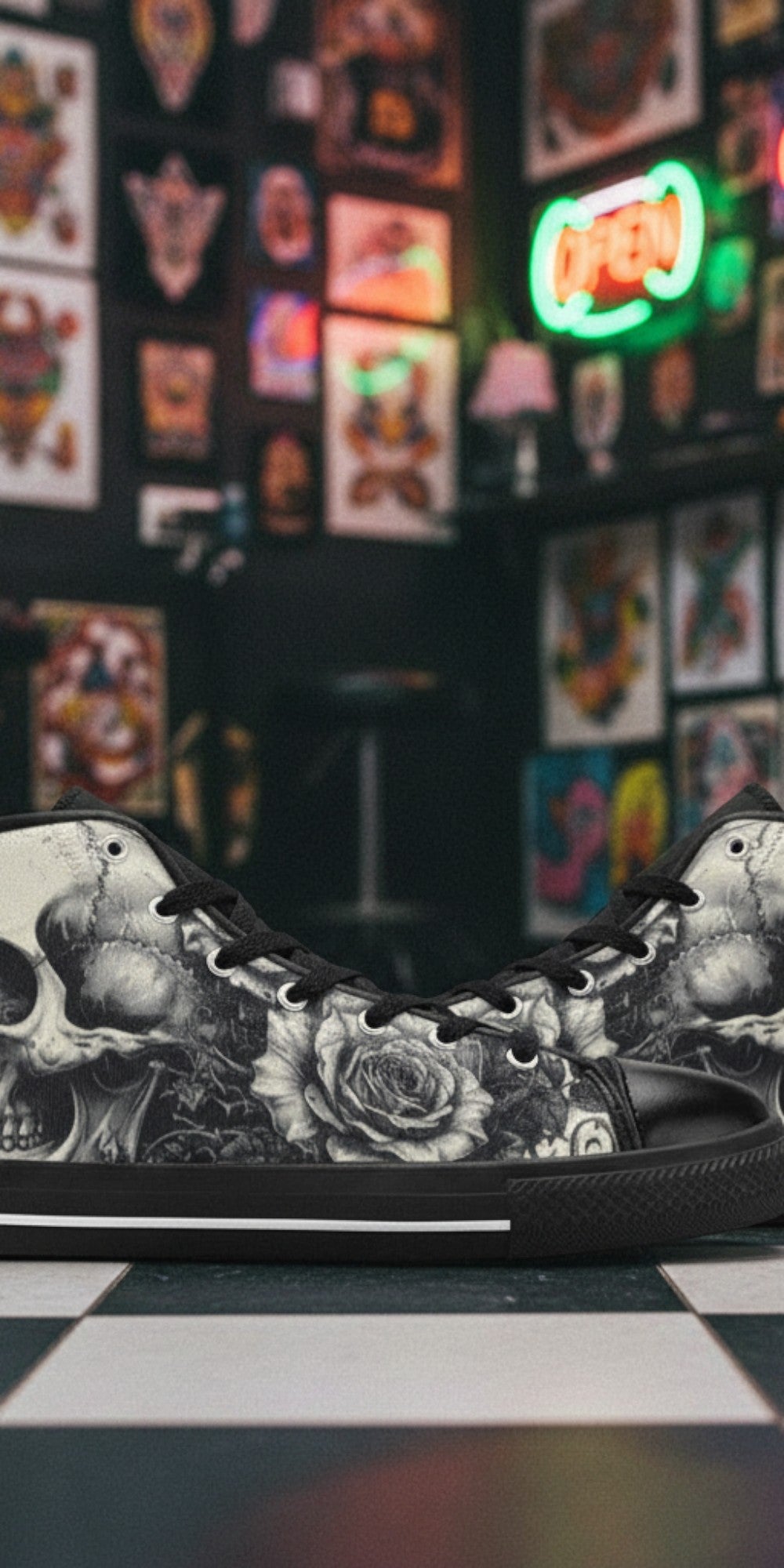 Men's Monochrome Gothic Skull Dark Art high-top canvas shoes — one-of-a-kind custom printed art, Freaky Shoes