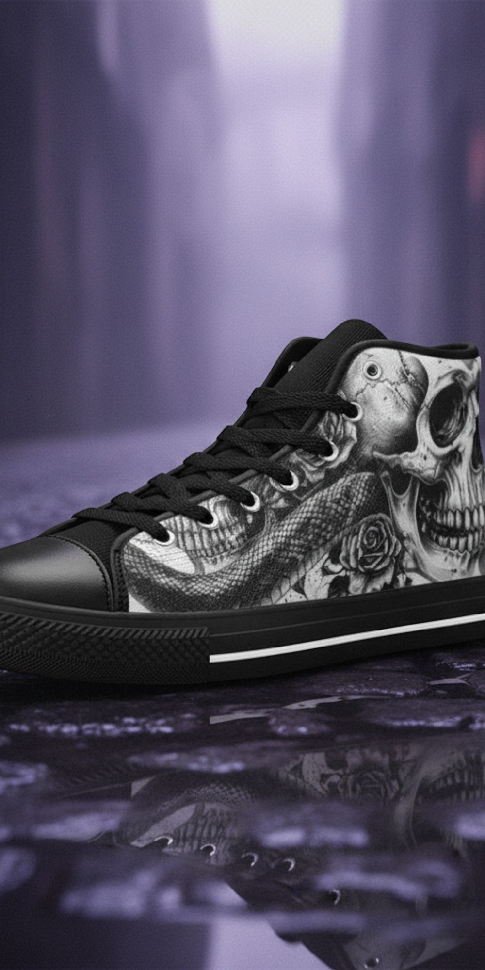 Women's Monochrome Skull Gothic Art high-top canvas shoes, custom full-wrap printed design — Freaky Shoes