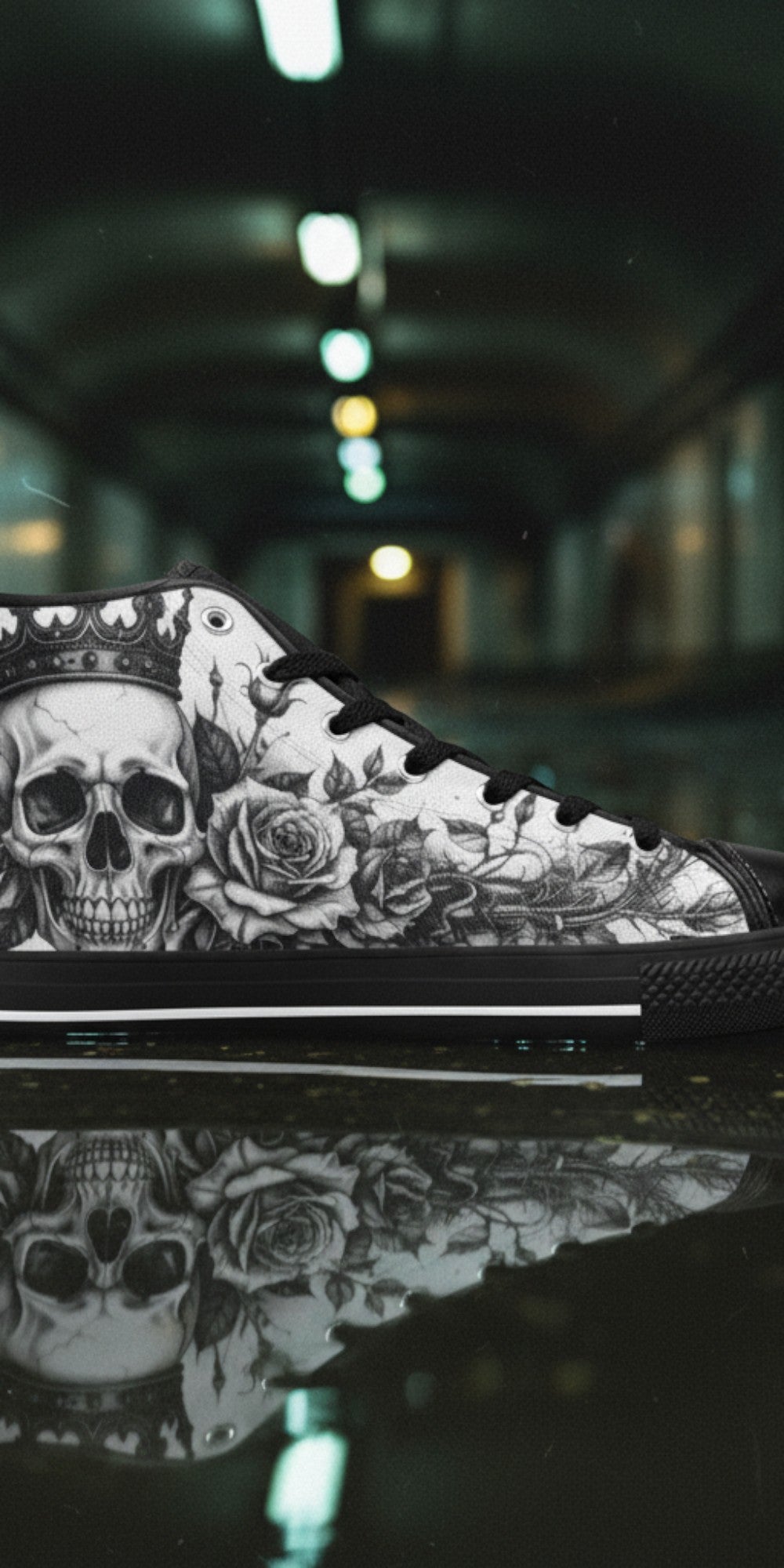 Women's Dark Monochrome Skull Gothic Art high-top canvas shoes — one-of-a-kind custom printed art, Freaky Shoes