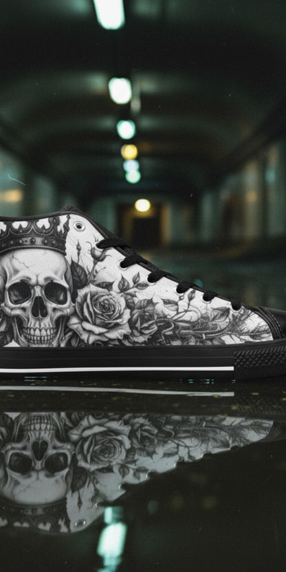 Women's Dark Monochrome Skull Gothic Art high-top canvas shoes — one-of-a-kind custom printed art, Freaky Shoes