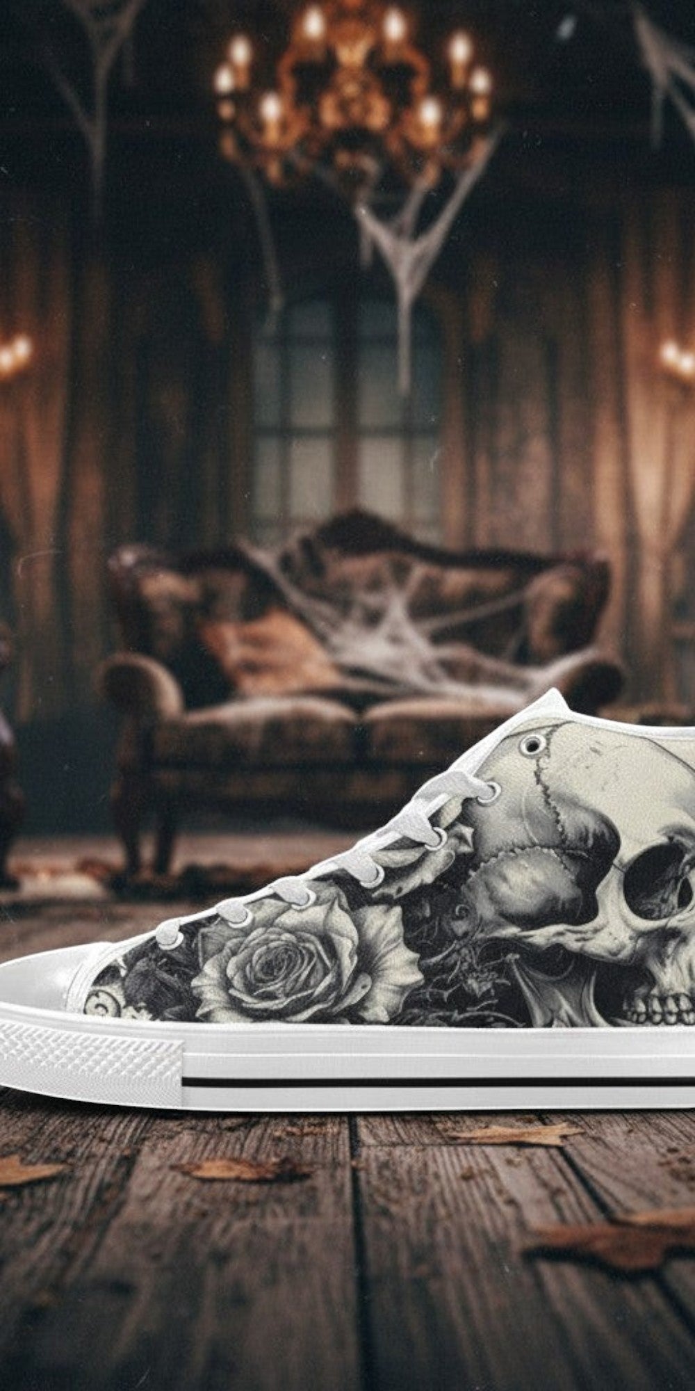 Women's Monochrome Dark Skull Gothic Art custom high-top canvas shoes — wearable art by Freaky Shoes