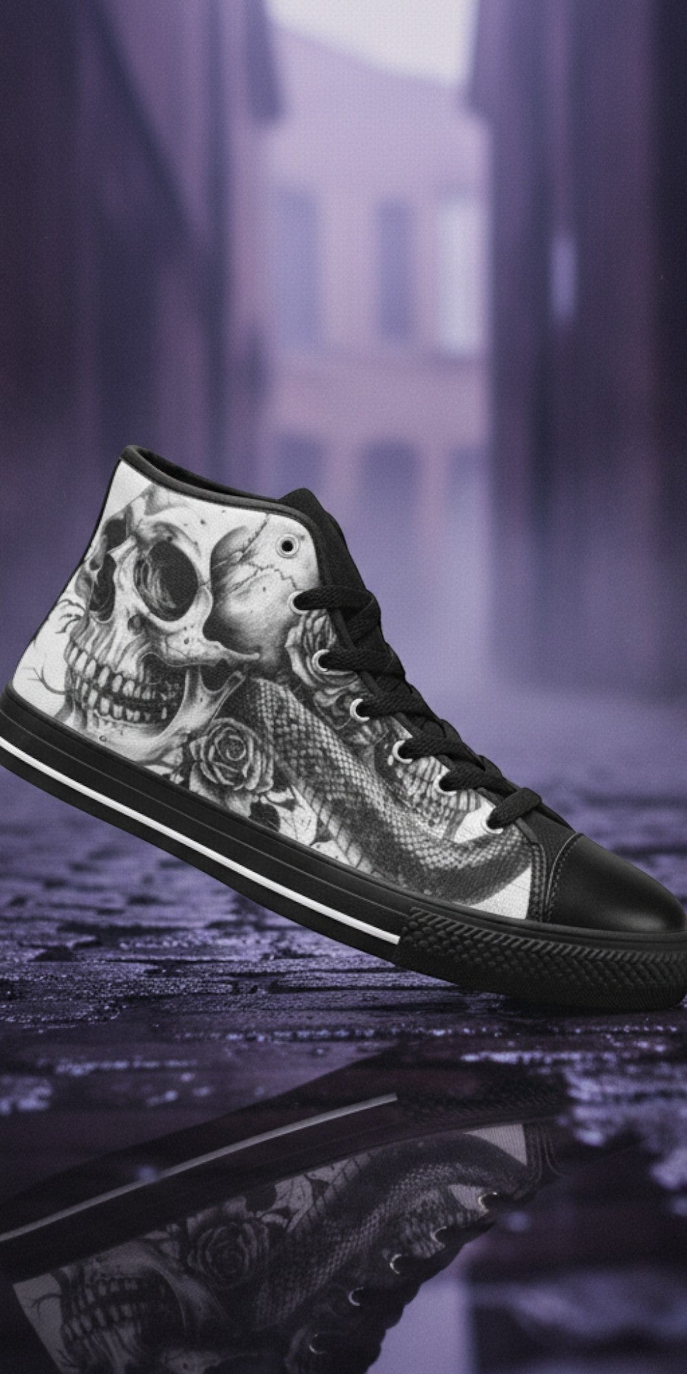 Women's Monochrome Skull Gothic Art high-top canvas shoes — one-of-a-kind custom printed art, Freaky Shoes