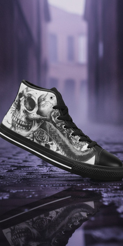 Women's Monochrome Skull Gothic Art high-top canvas shoes — one-of-a-kind custom printed art, Freaky Shoes
