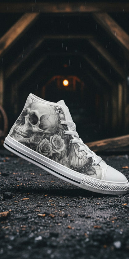 Men's Monochrome Moon Skull Gothic Art hand-made high-top canvas shoes — unique wearable art by Freaky Shoes