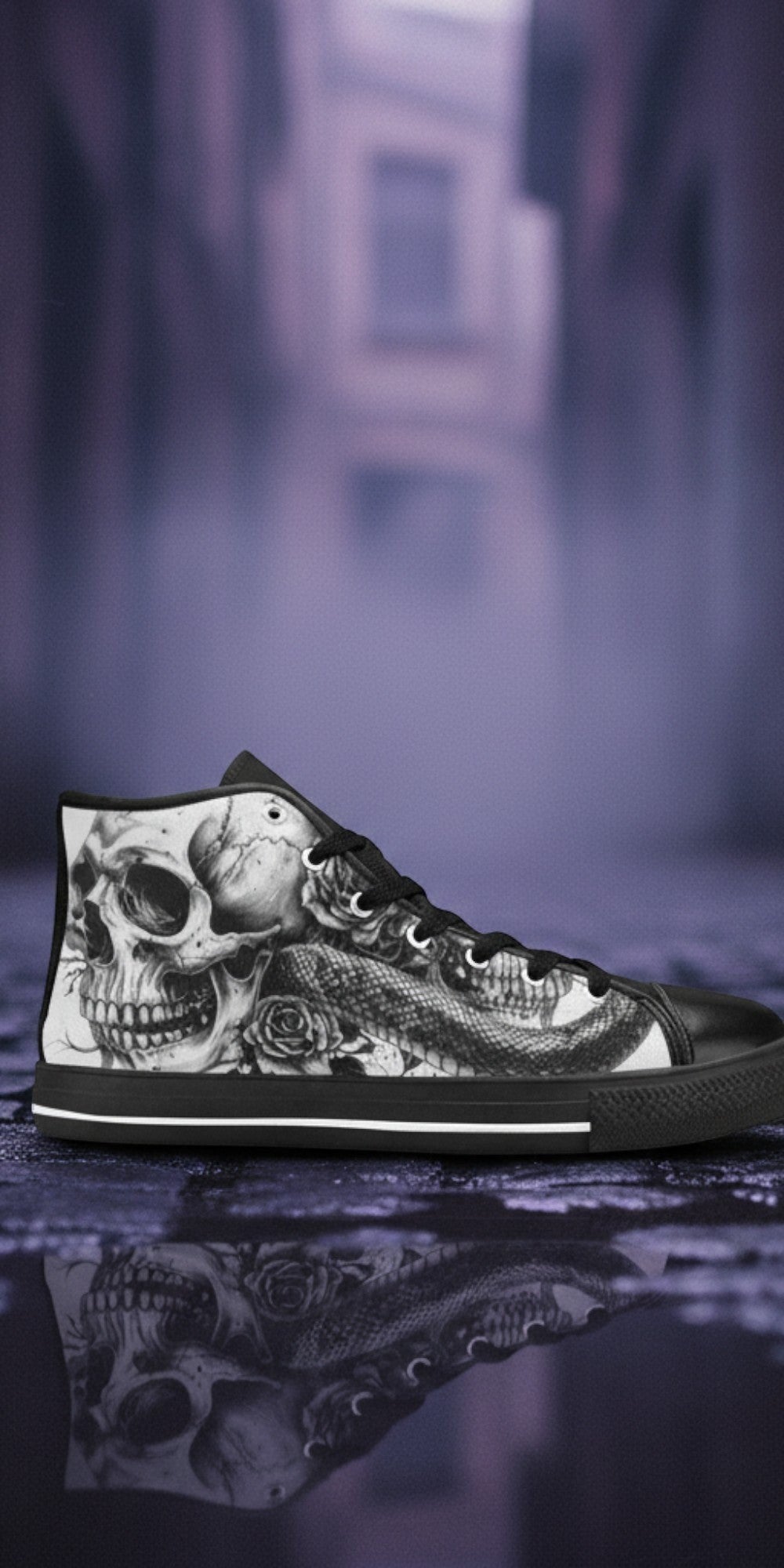 Women's Monochrome Skull Gothic Art custom high-top canvas shoes — wearable art by Freaky Shoes