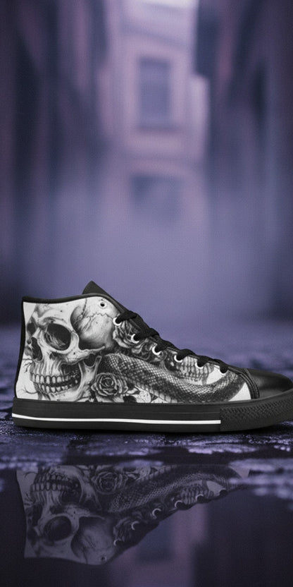 Women's Monochrome Skull Gothic Art custom high-top canvas shoes — wearable art by Freaky Shoes