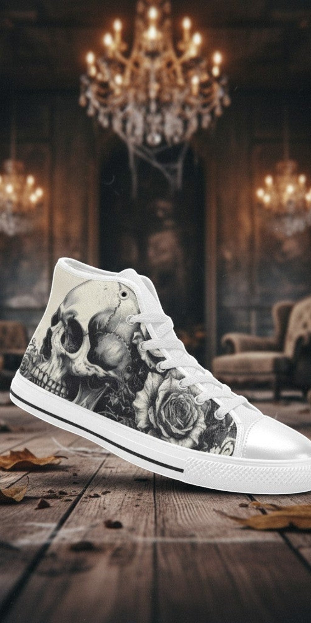 Women's Monochrome Dark Skull Gothic Art high-top canvas shoes, custom full-wrap printed design — Freaky Shoes