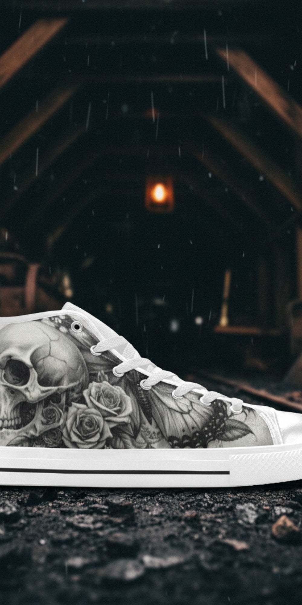 Custom Men's Monochrome Moon Skull Gothic Art high-top canvas shoes with bold all-over art — Freaky Shoes
