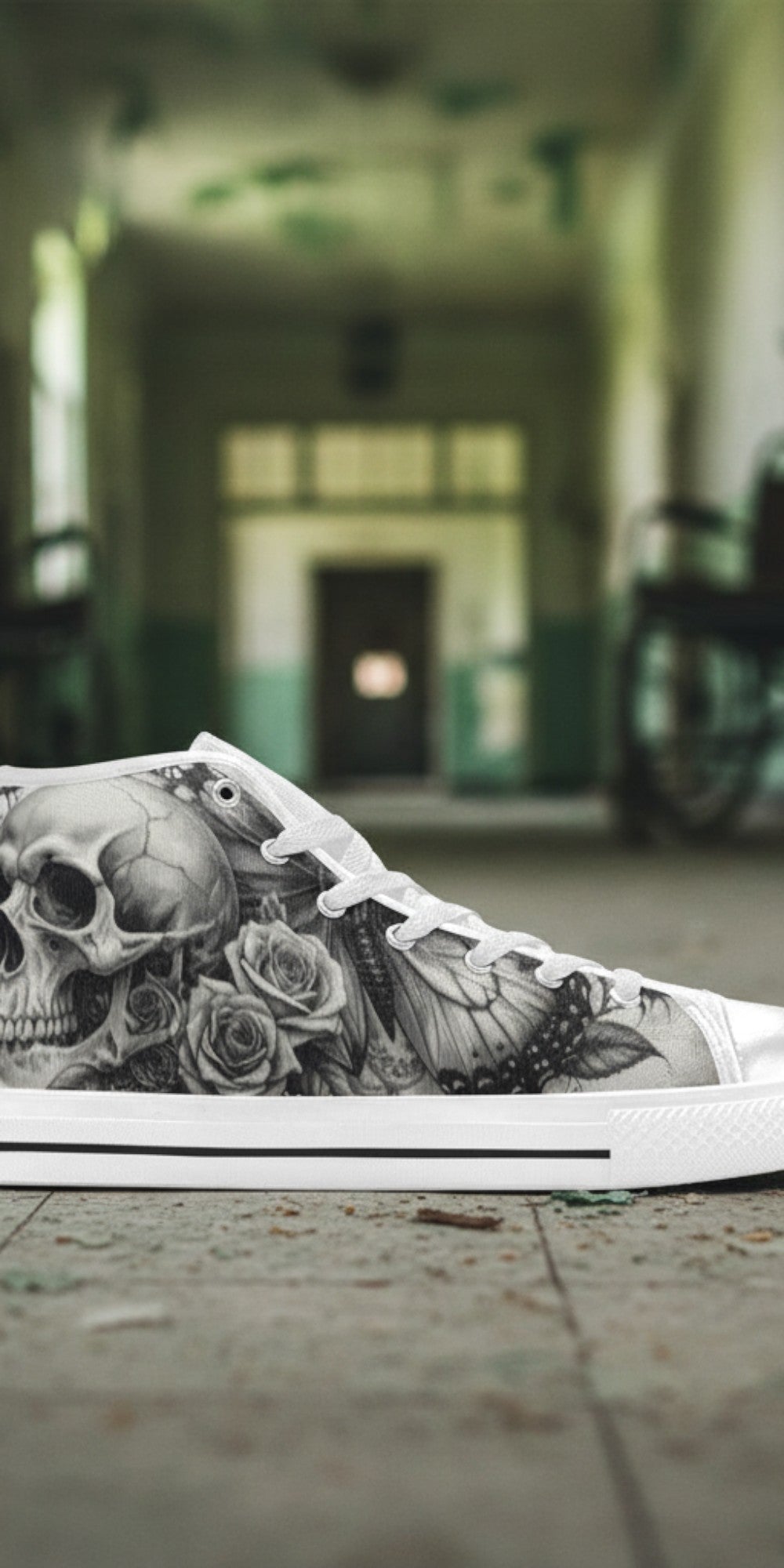 Women's Monochrome Skull & Rose Dark Gothic high-top canvas shoes, custom full-wrap printed design — Freaky Shoes