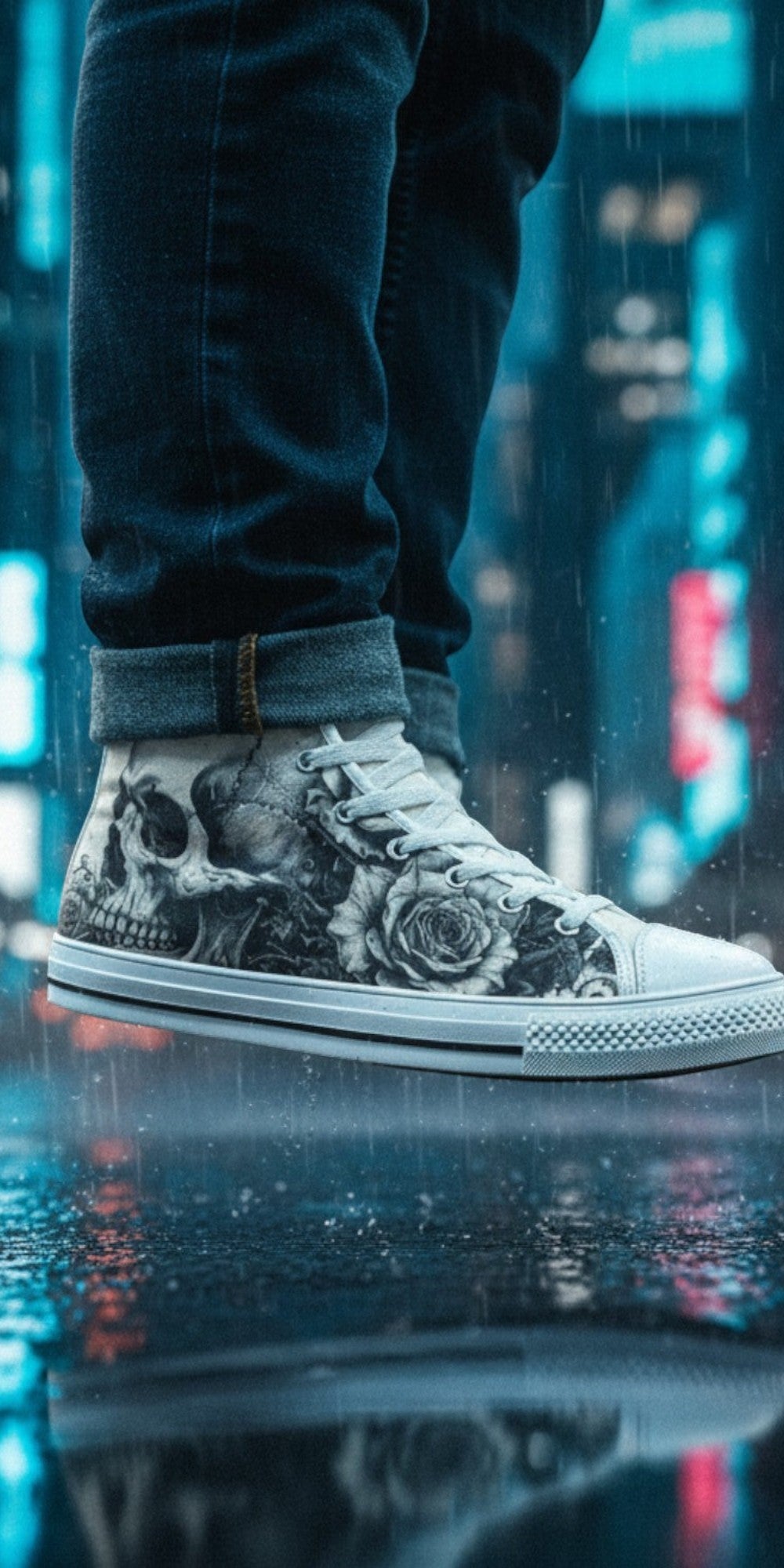 Freaky Shoes® monochrome high top canvas sneakers featuring gothic skull and rose art in a rainy city street setting.