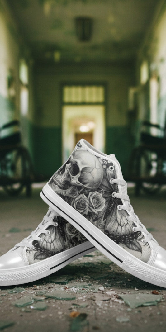 Freaky Shoes® monochrome high top canvas sneakers featuring a detailed skull and rose gothic print on a rubber sole.