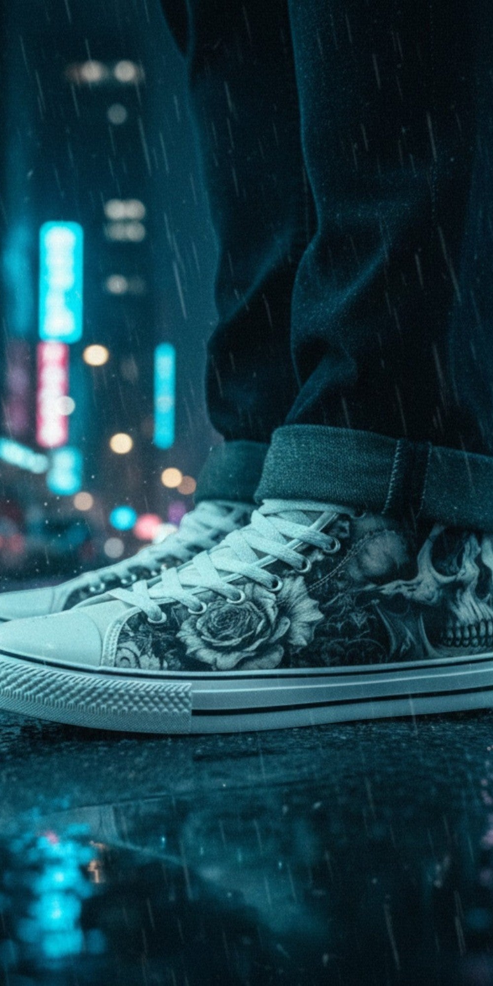 Freaky Shoes® monochrome high top canvas sneakers featuring gothic skull and rose art, worn in a rainy city street.