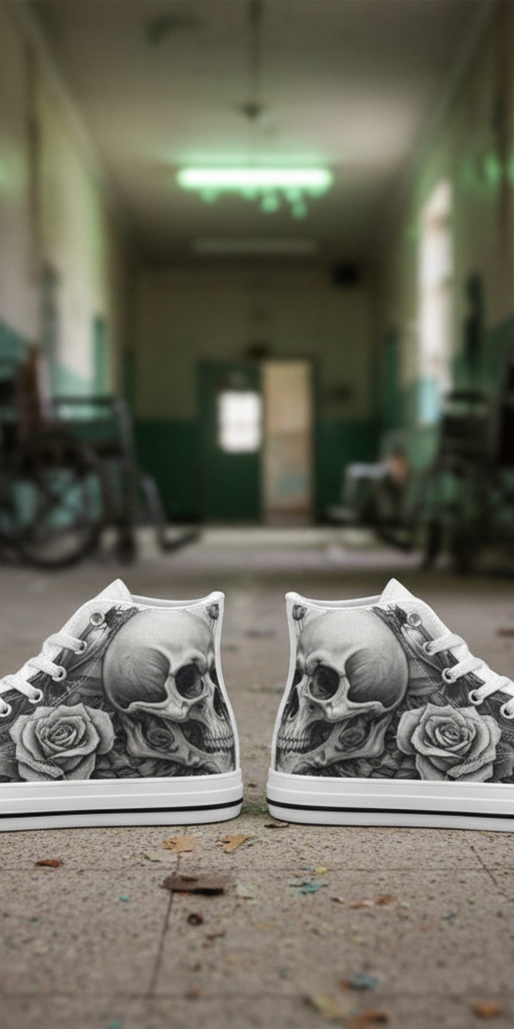 Women's Monochrome Skull & Rose Dark Gothic high-top canvas shoes, custom full-wrap printed design — Freaky Shoes