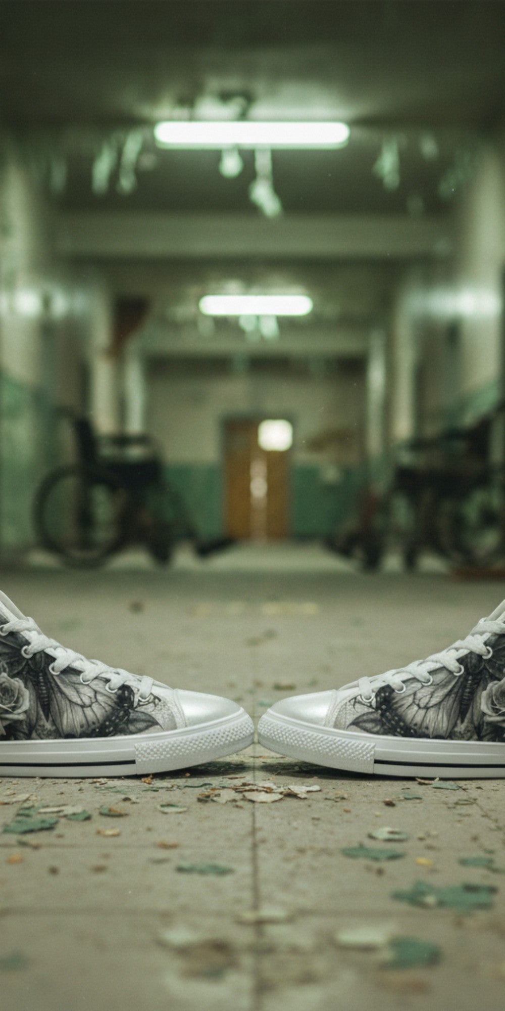 Women's Monochrome Skull & Rose Dark Gothic custom high-top canvas shoes — wearable art by Freaky Shoes