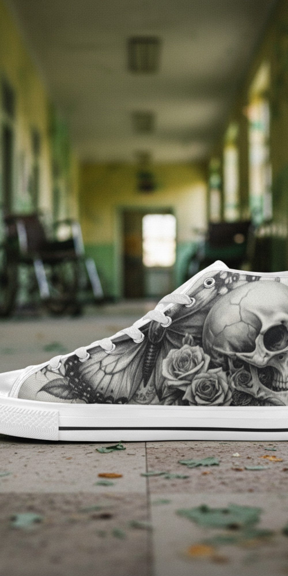 Women's Monochrome Skull & Rose Dark Gothic high-top canvas shoes — one-of-a-kind custom printed art, Freaky Shoes