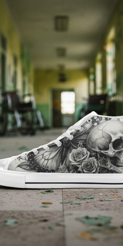 Women's Monochrome Skull & Rose Dark Gothic high-top canvas shoes — one-of-a-kind custom printed art, Freaky Shoes