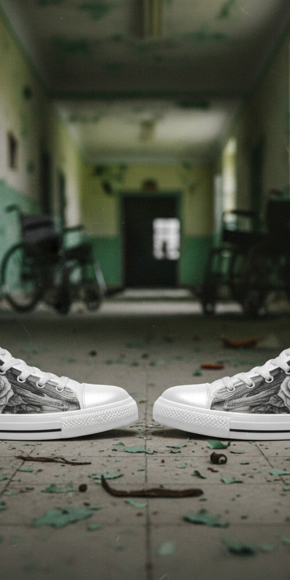 Women's Monochrome Skull & Rose Dark Gothic hand-made high-top canvas shoes — unique wearable art by Freaky Shoes