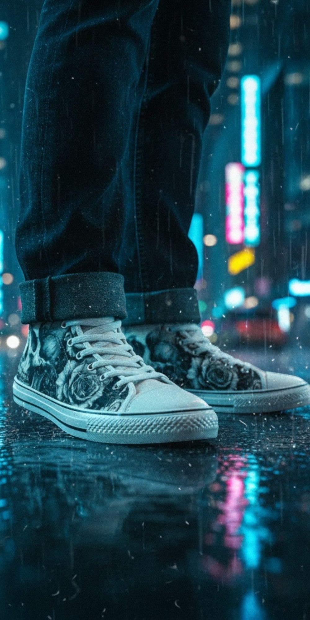 Freaky Shoes® monochrome skull and rose print high top canvas sneakers worn in a rainy neon city street at night.