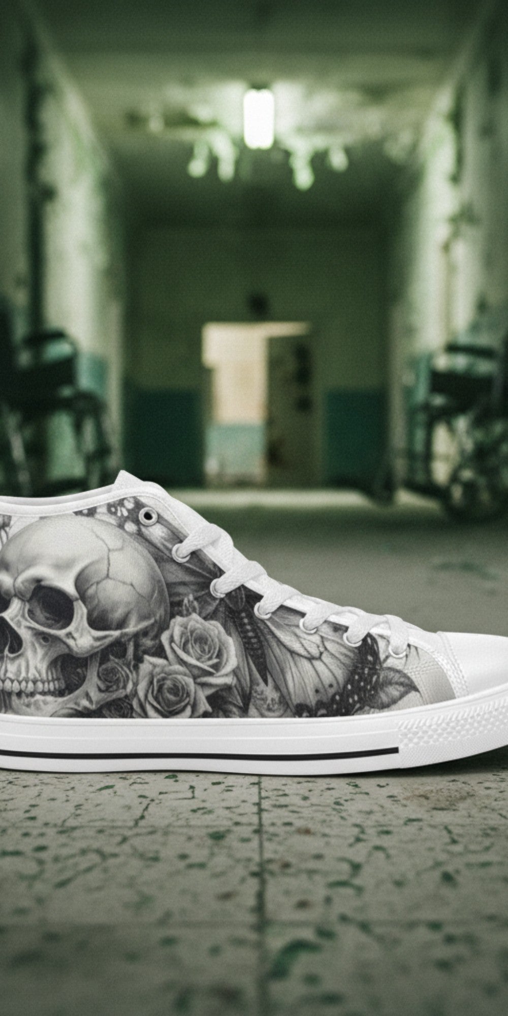 Women's Monochrome Skull & Rose Dark Gothic hand-made high-top canvas shoes — unique wearable art by Freaky Shoes