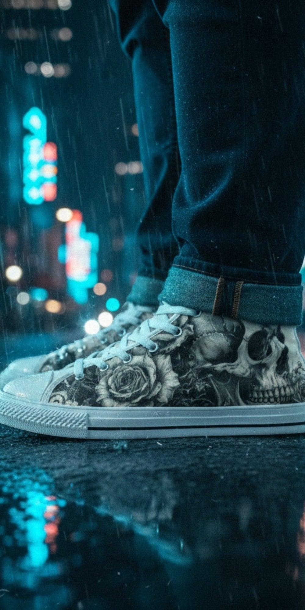 Freaky Shoes® monochrome high top canvas sneakers featuring a gothic skull and rose art print in a rainy city street.