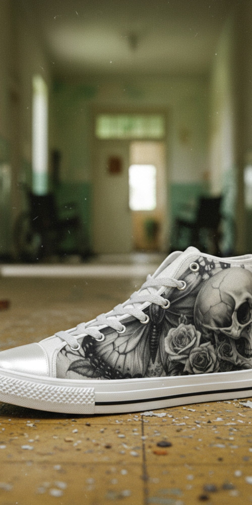 Women's Monochrome Skull & Rose Dark Gothic custom high-top canvas shoes — wearable art by Freaky Shoes