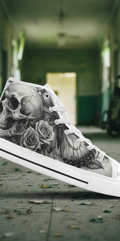 Custom Women's Monochrome Skull & Rose Dark Gothic high-top canvas shoes with bold all-over art — Freaky Shoes