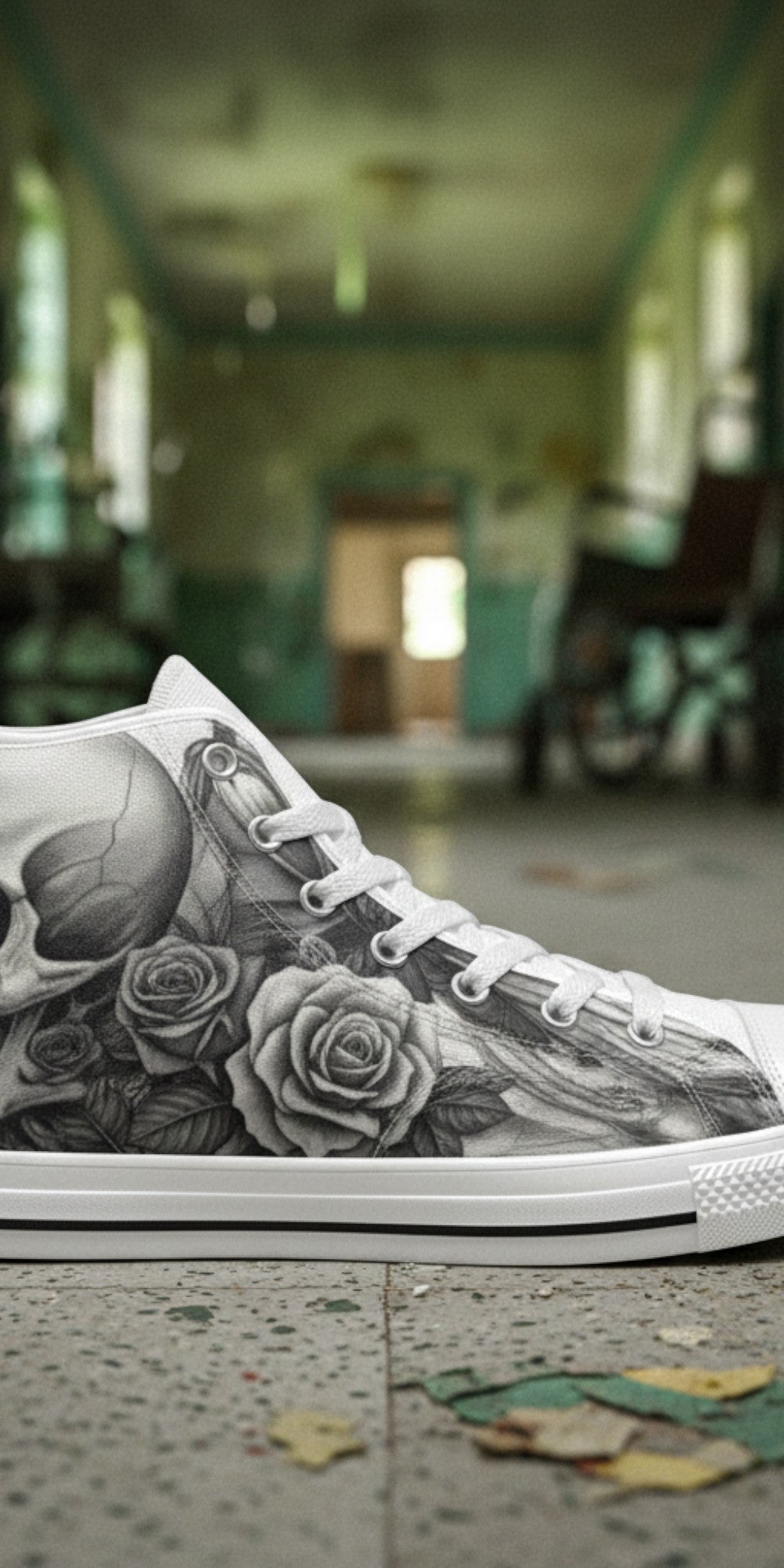 Women's Monochrome Skull & Rose Dark Gothic high-top canvas shoes — one-of-a-kind custom printed art, Freaky Shoes