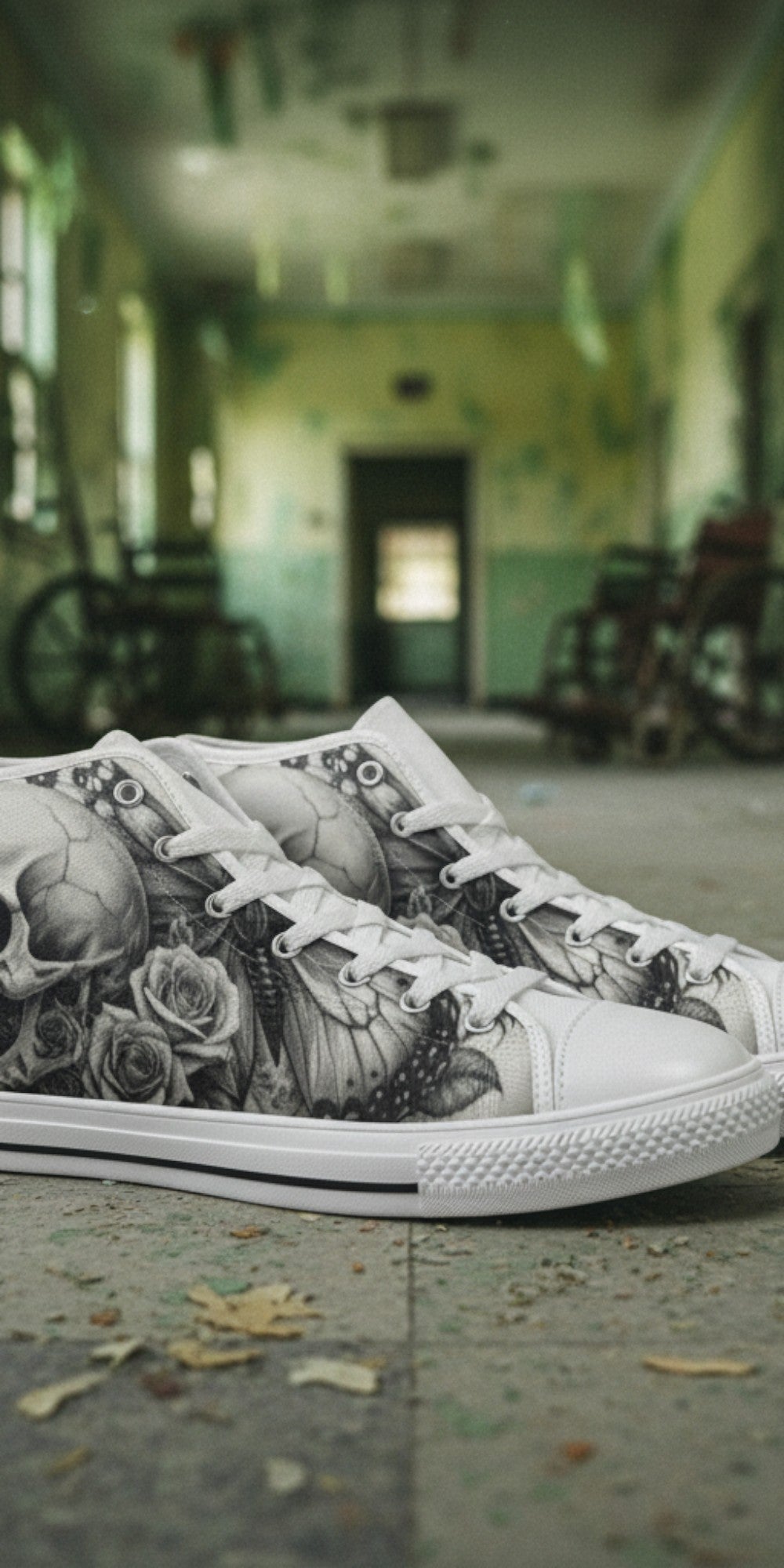 Custom Women's Monochrome Skull & Rose Dark Gothic high-top canvas shoes with bold all-over art — Freaky Shoes