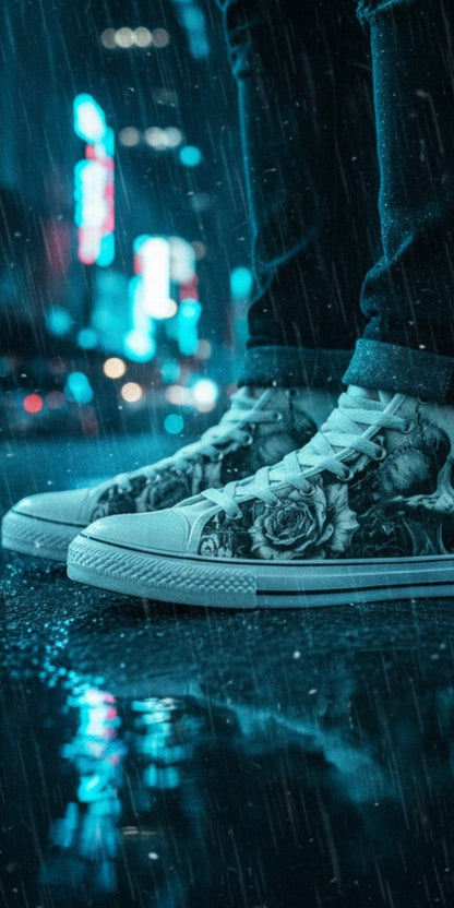 Freaky Shoes® monochrome high top canvas sneakers featuring gothic skull and rose art in a rainy city street setting.