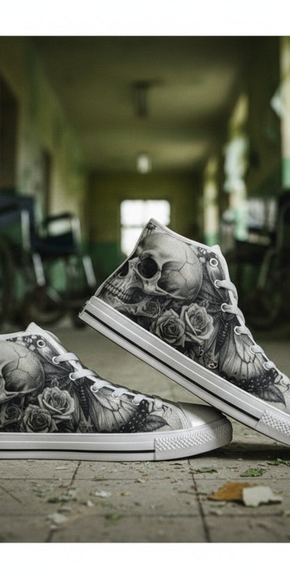 Women's Monochrome Skull & Rose Dark Gothic hand-made high-top canvas shoes — unique wearable art by Freaky Shoes