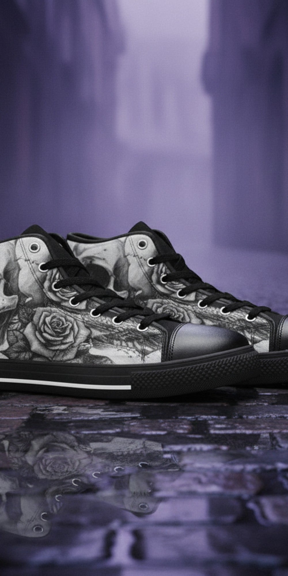 Custom Women's Monochrome Skull Gothic Art high-top canvas shoes with bold all-over art — Freaky Shoes