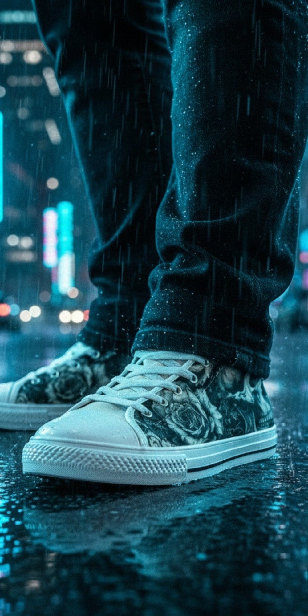 Freaky Shoes® monochrome skull and rose print canvas high top sneakers worn in a rainy city street at night.