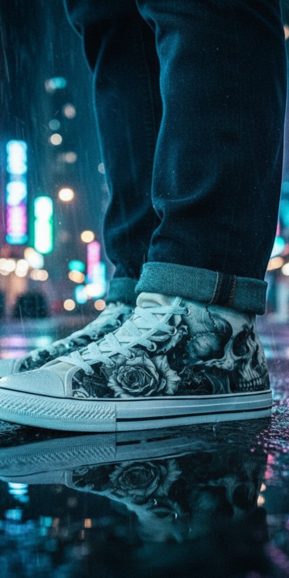 Freaky Shoes® monochrome skull and rose print canvas high top sneakers worn in a rainy city street at night.