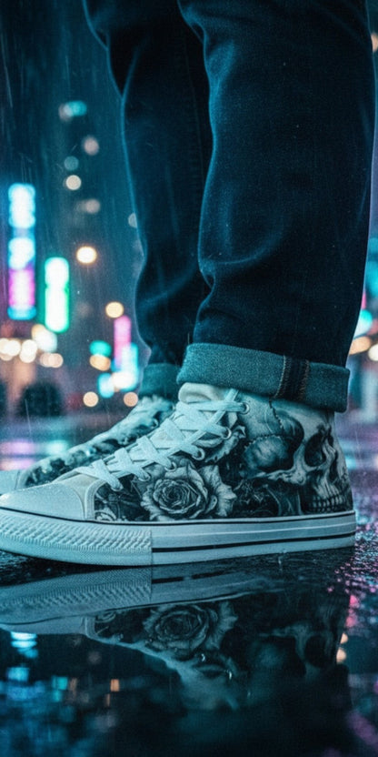 Freaky Shoes® monochrome skull and rose print canvas high top sneakers worn in a rainy city street at night.
