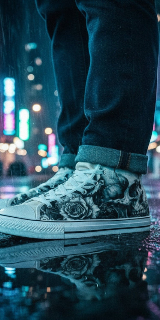 Freaky Shoes® monochrome skull and rose print canvas high top sneakers worn in a rainy city street at night.